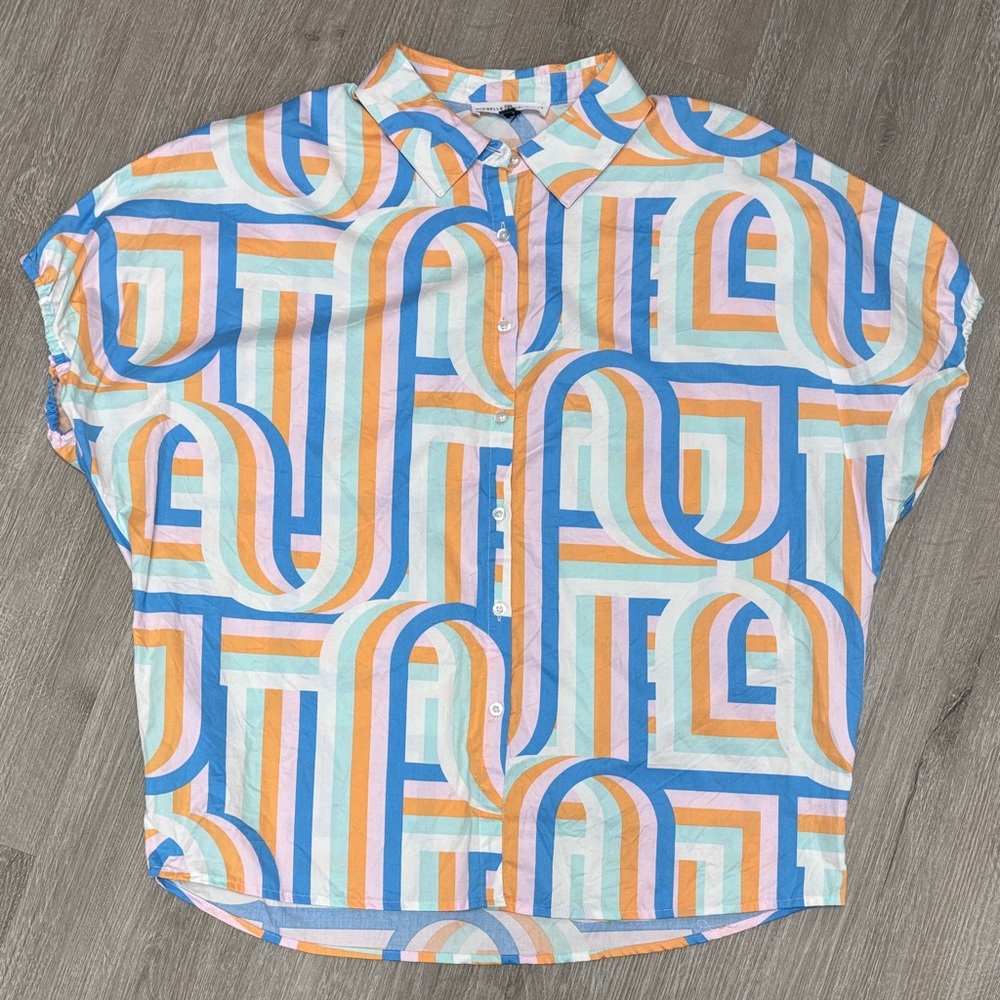 Michelle McDowell Geometric Shirt size small blue peach teal white boutique